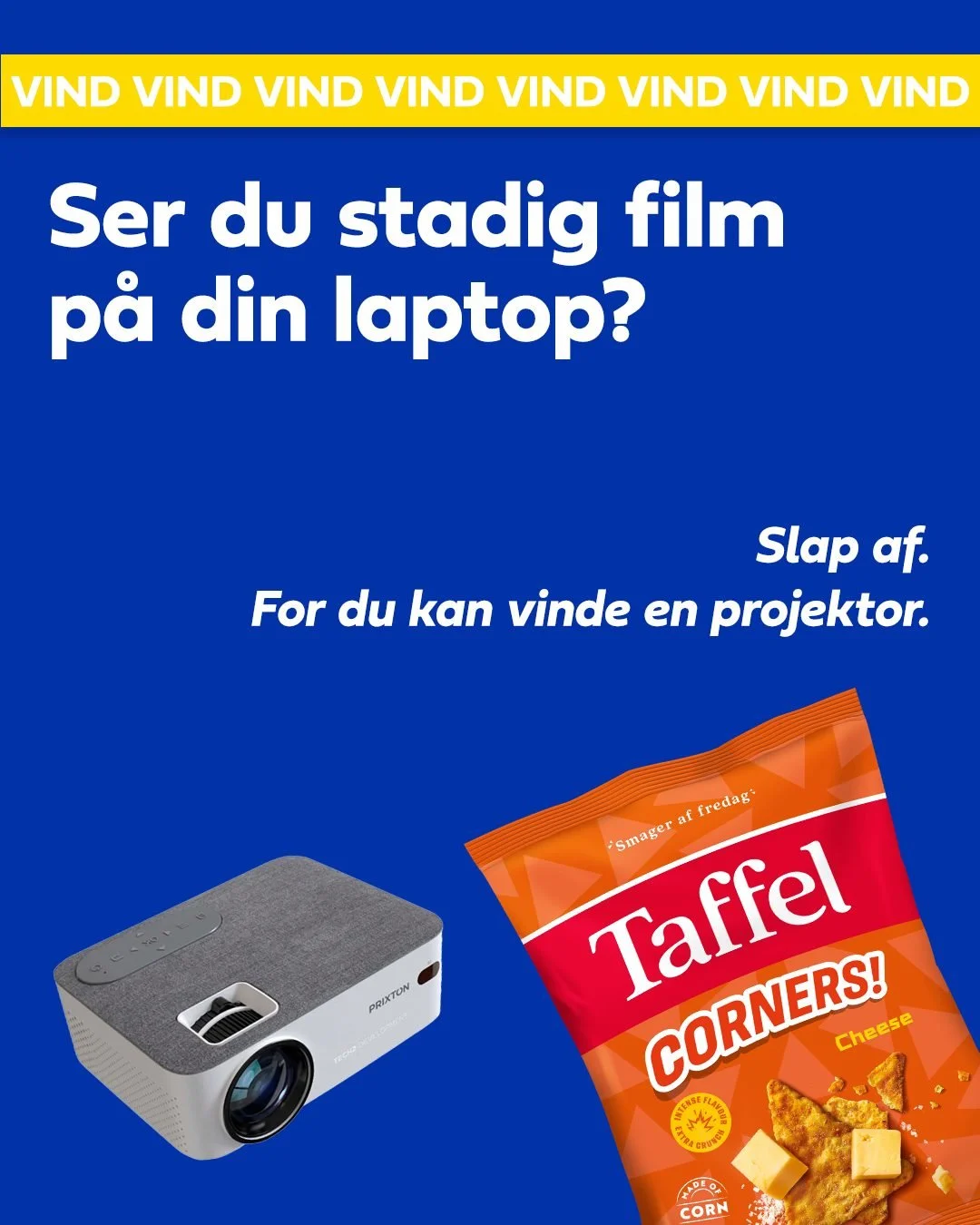 Vind en Prixton Lumi&egrave;re projektor og en kasse med blandede Corners! 
Film skal ses p&aring; det store l&aelig;rred - og med masser af snacks 👀🥳 
Skriv en kommentar med hvilken film/serie, du ville se, og hvilken snack du ville spise til, s&a