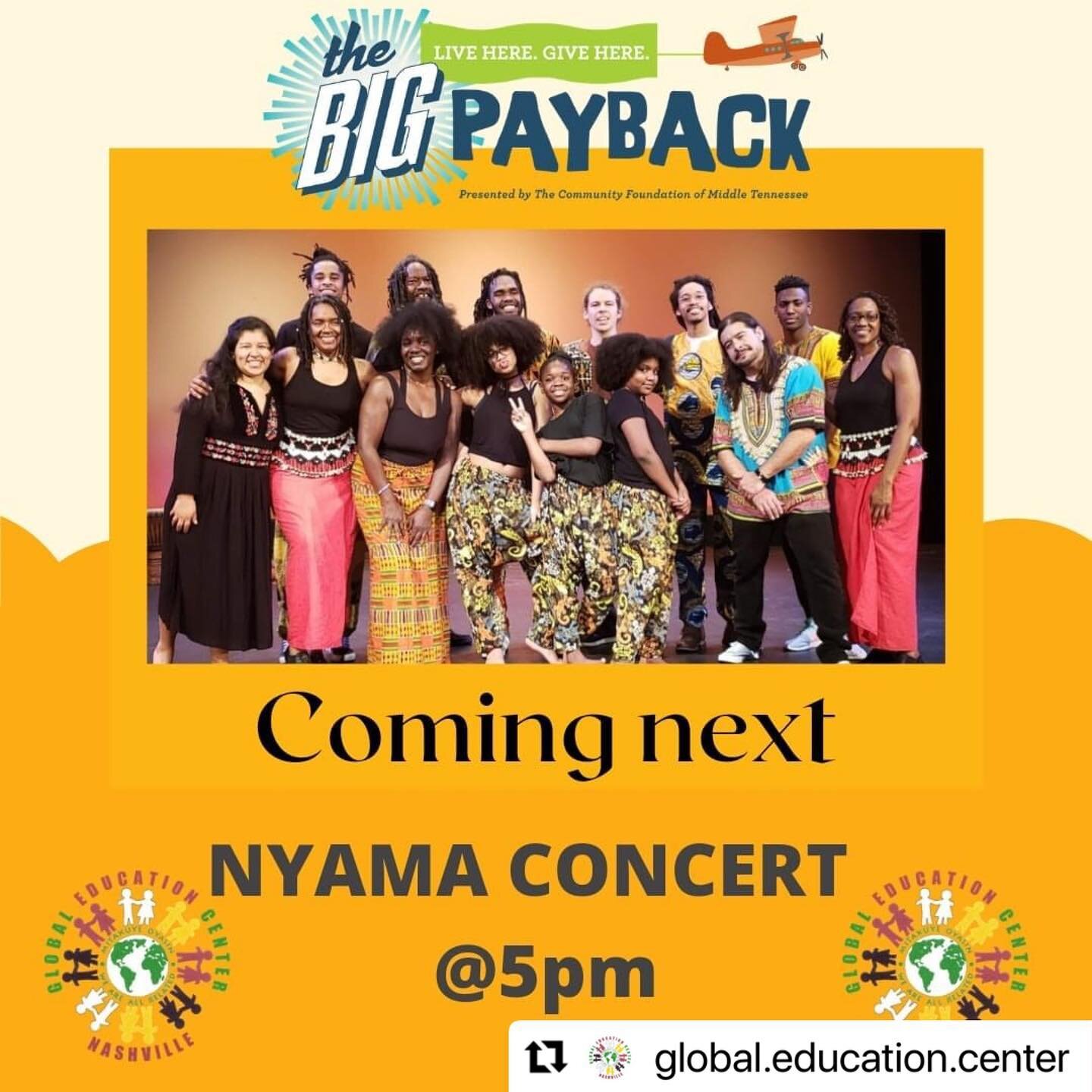 #Repost @global.education.center
・・・
🌺NYAMA CONCERT AT 5 p.m.🌺 Join Nyama Drum Ensembl for their concert via Facebook live here on Global's page at 2:30 p.m. Central Time.  This is in honor of our #BigPayback fundraiser, benefiting The Global Educa