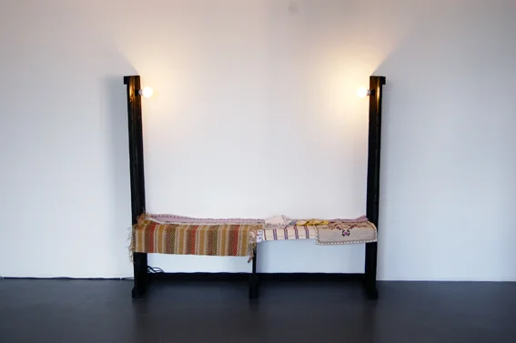  Dagens dikt/ sjörapporten/ anslagstavlan” wood, acrylic paint, bulbs, embroideries  140 x 160 x 41 cm 