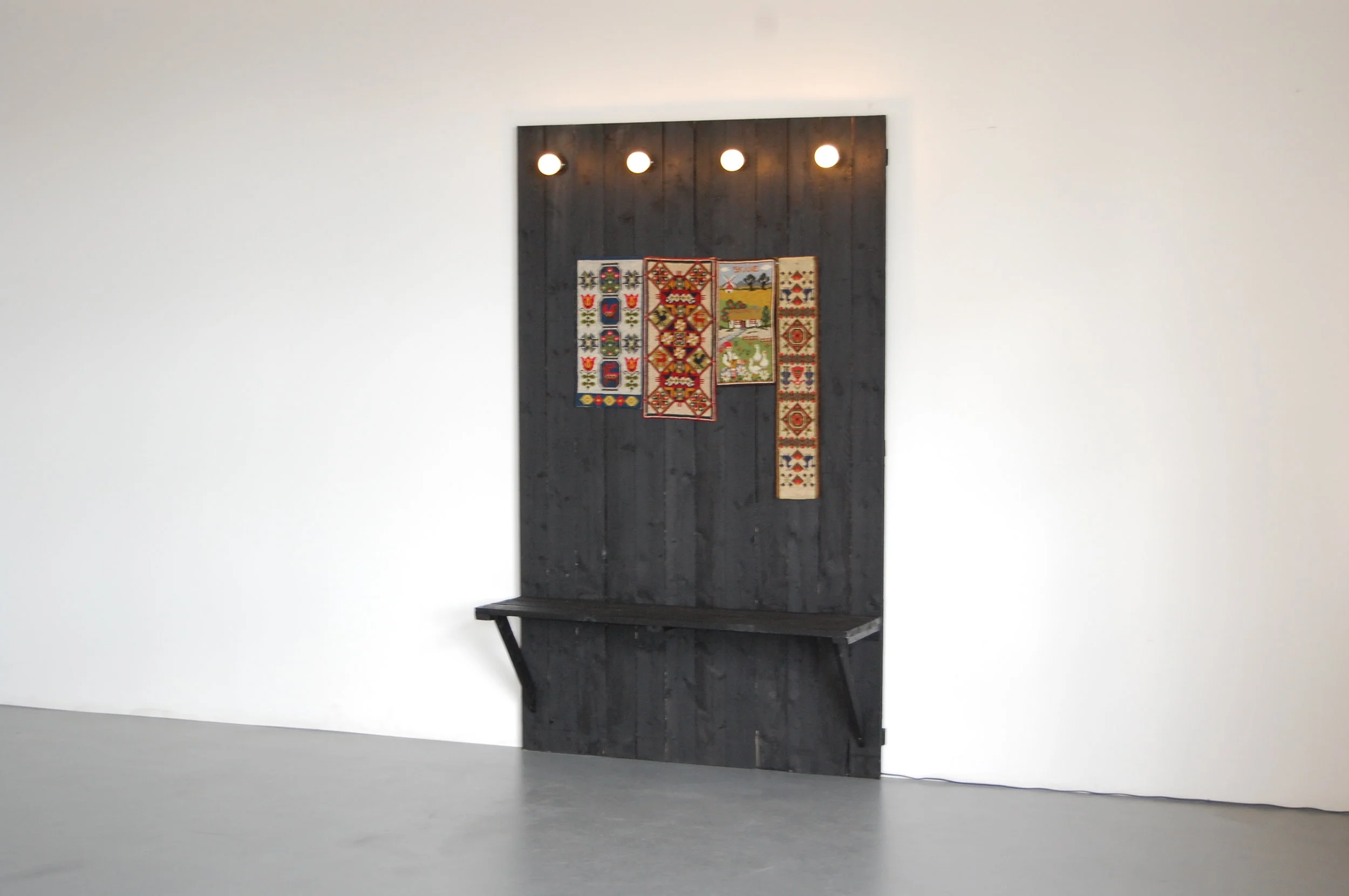  Pausfågeln wood, acrylic paint, bulbs, embroideries 