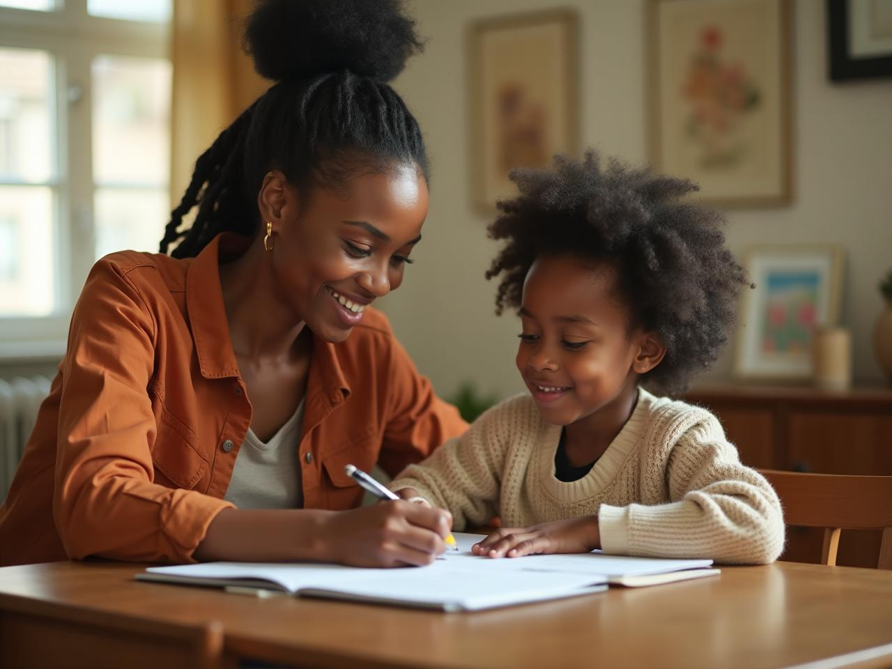 A woman and a young girl sitting at a wooden table, smiling and drawing in a notebook together in a cozy room with framed pictures on the wall.