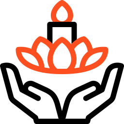Outline of a lotus flower with a candle flame above it