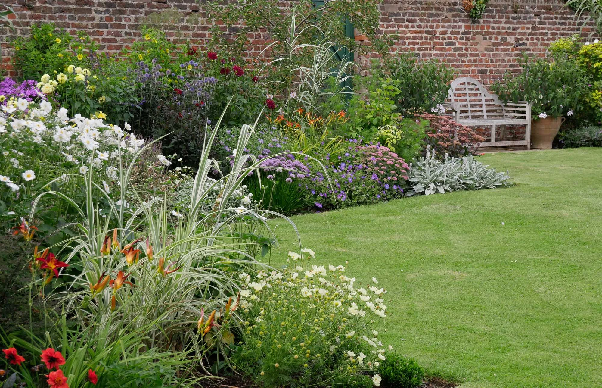 A large mixed border in late summer. Dahlias and pale yellow Cosmos join with herbaceous perennials to form a rich tapestry of colour, with contrasting foliage of a variegated grass (Miscanthus)