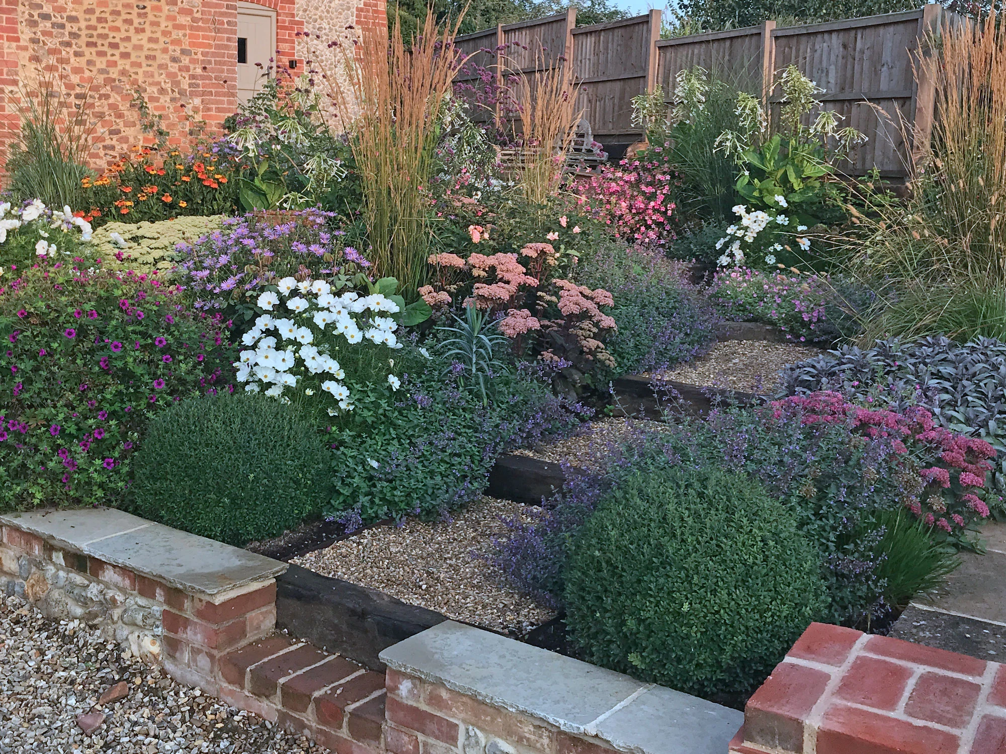 At the start of September, Sedums, Geranium and other perennials are still going strong, ably supported by tobacco and Cosmos
