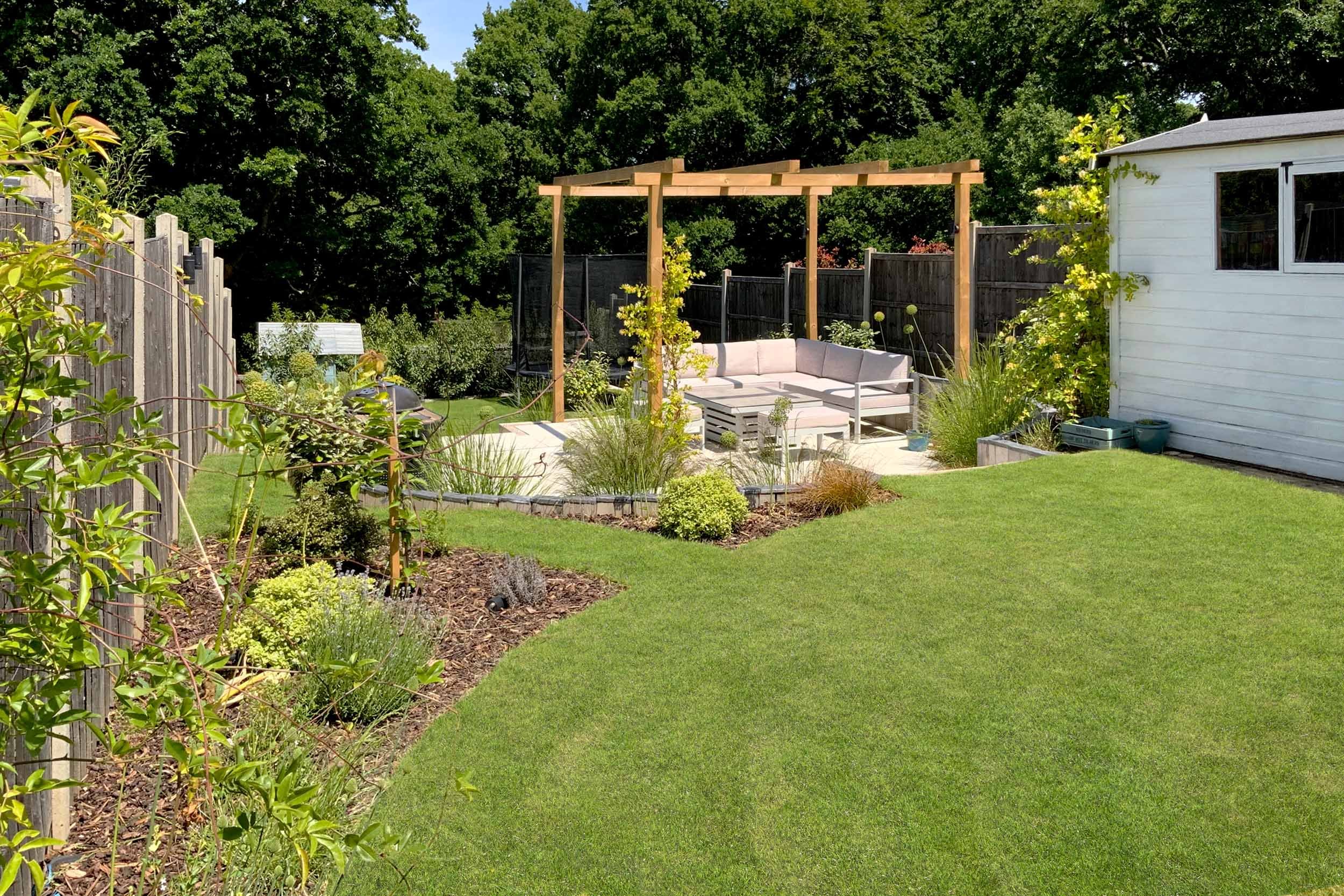 Timber Pergola, curved lawn. New build garden landscaping Rowledge, Hampshire near Farnham&nbsp;