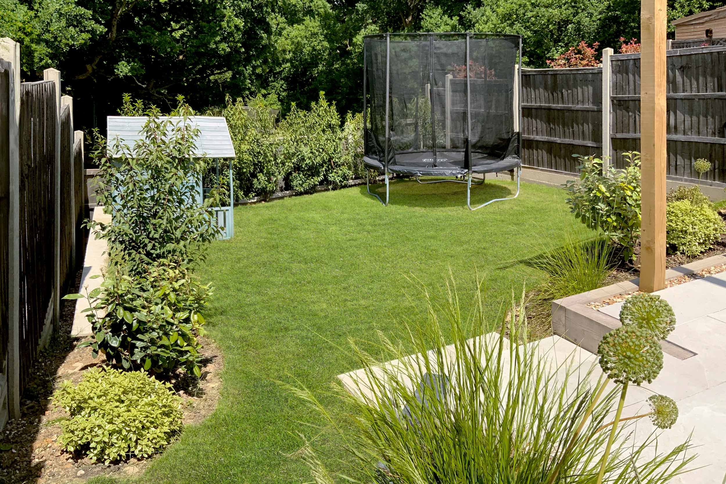 Sloped garden. New build garden landscaping Rowledge, Hampshire near Farnham&nbsp;