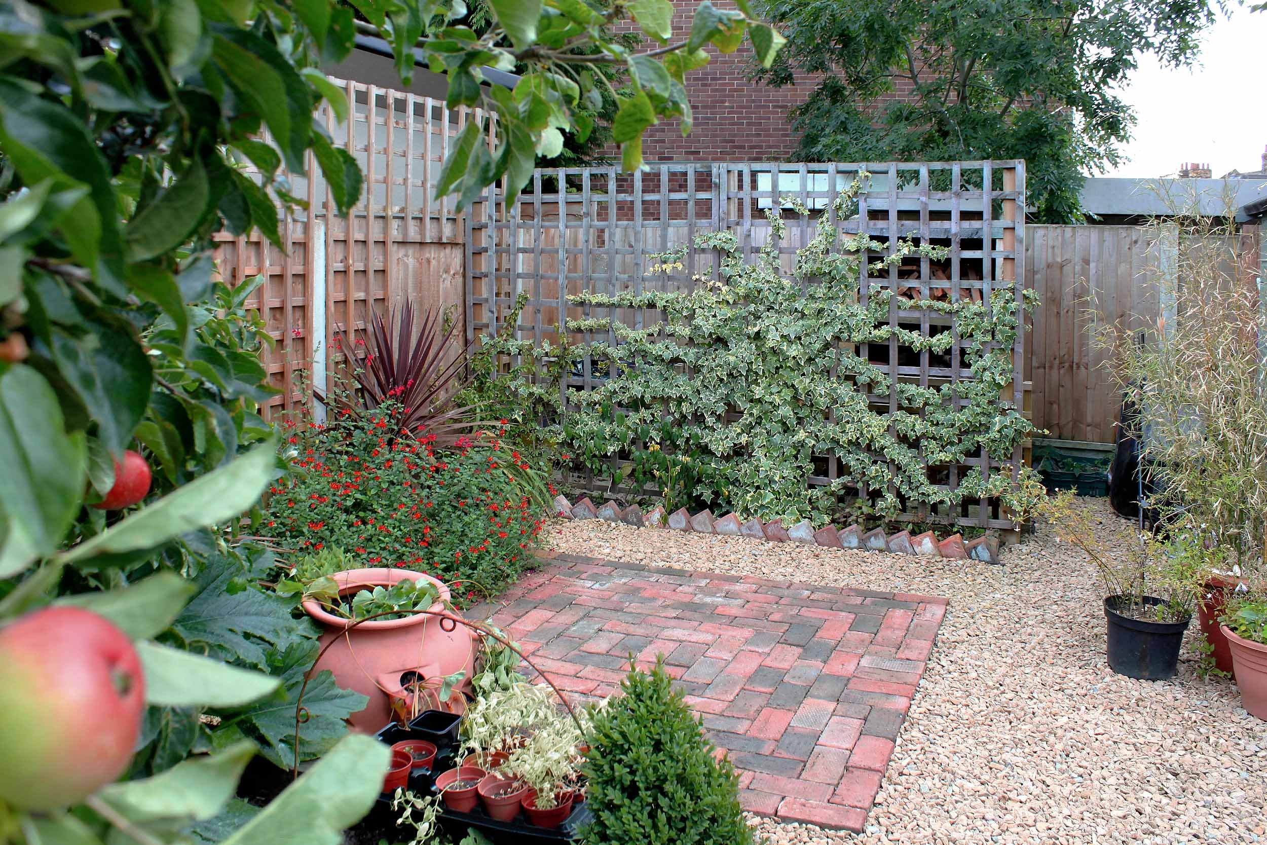 Modern cottage style garden, fruit trees, brick paving. Garden design &amp; build near Farnham, Surrey