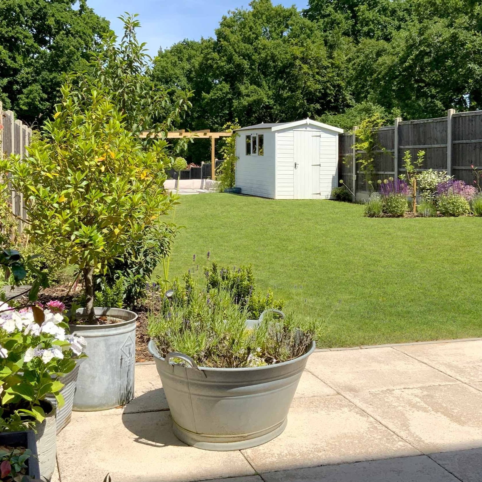 Terraced garden, curved lawn, new build, rowledge, garden design &amp; build Farnham, Surrey