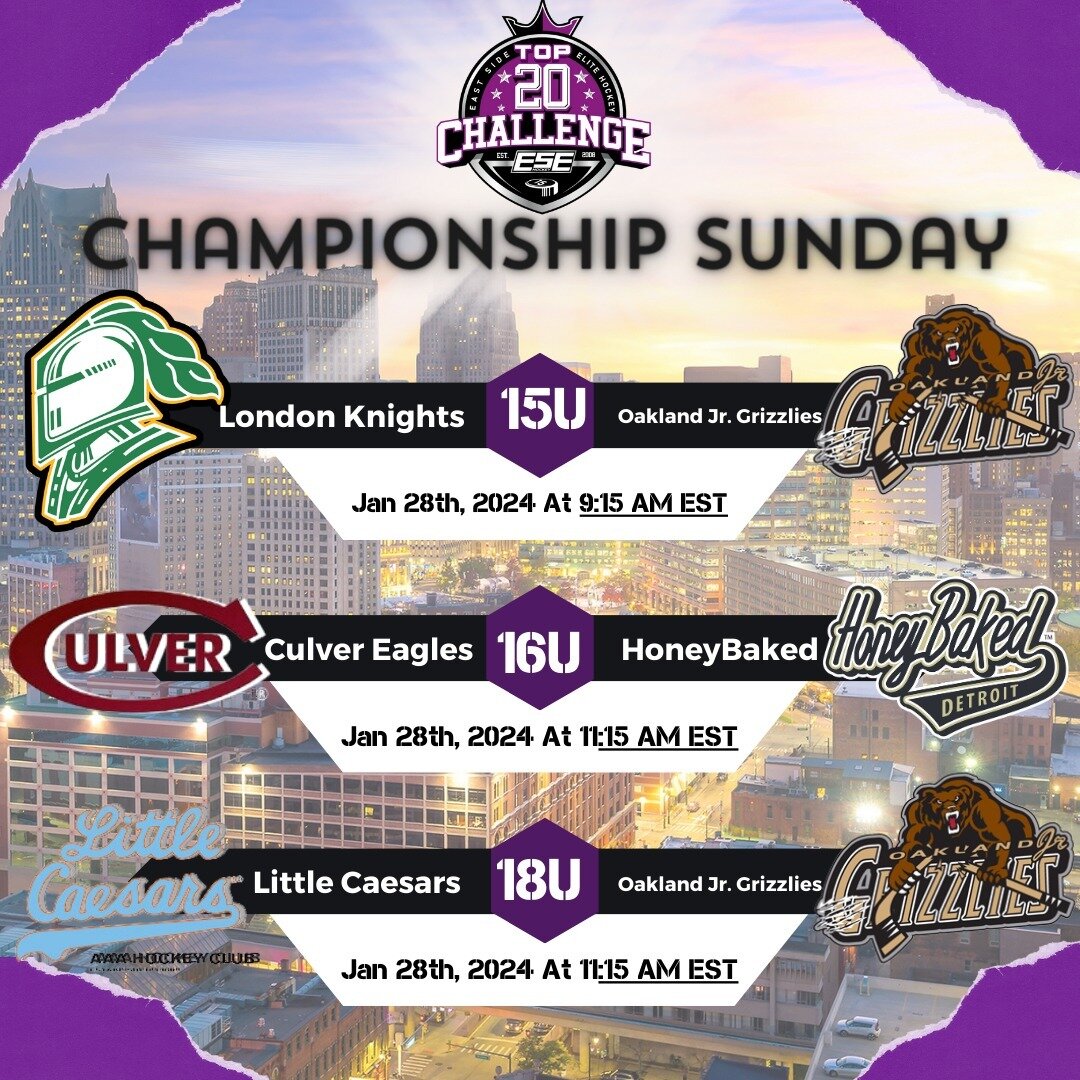 🏆 Championship Sunday 🏆
.
@londonjrknights vs. oaklandjrgrizzlies08 
.
@culveracademies vs. @honeybakedhc 
.
@littecaesarshockeyclub vs. Oakland Jr. Grizzlies