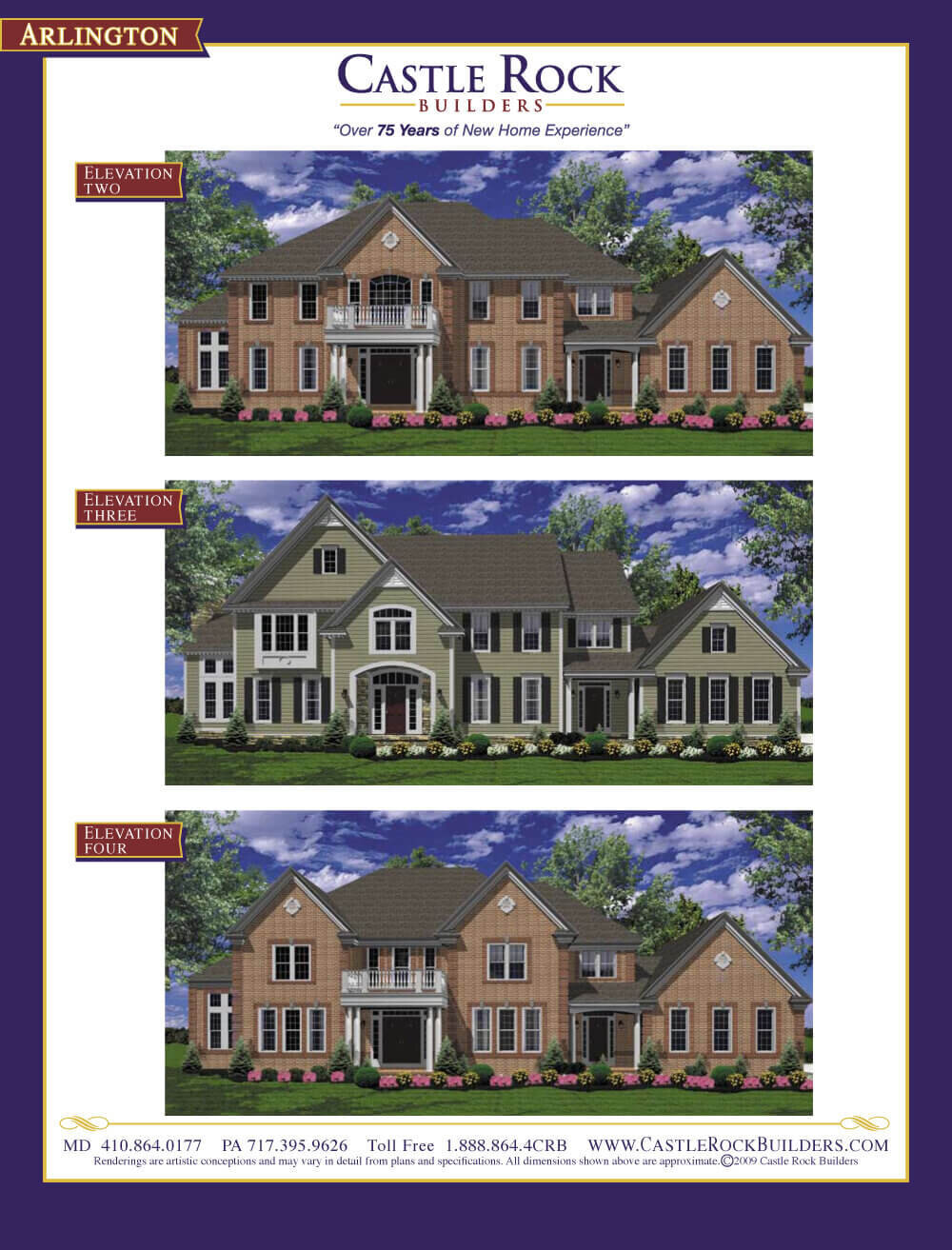 Arlington custom home plan front elevations