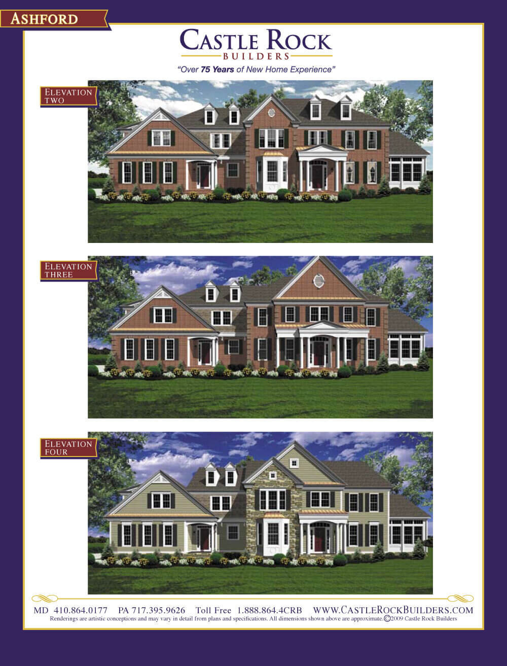 Ashford custom home plan front elevations