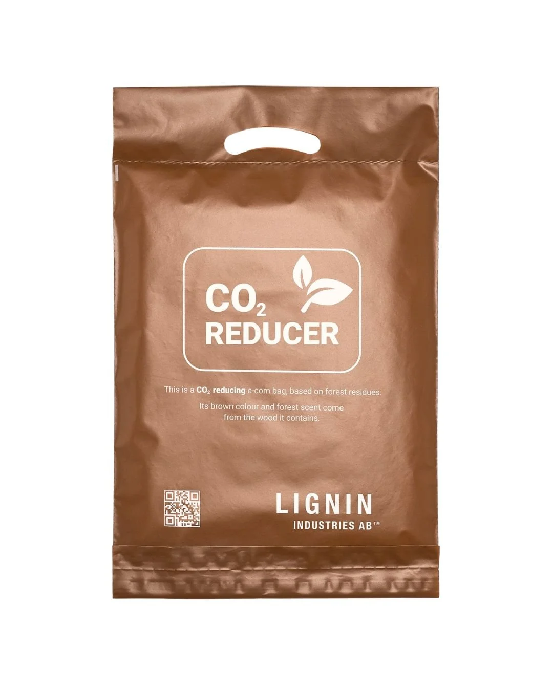 Sustainable brown e-commerce bag made from polyethylene film containing Renol. CO₂-reduced. Lignin Industries.