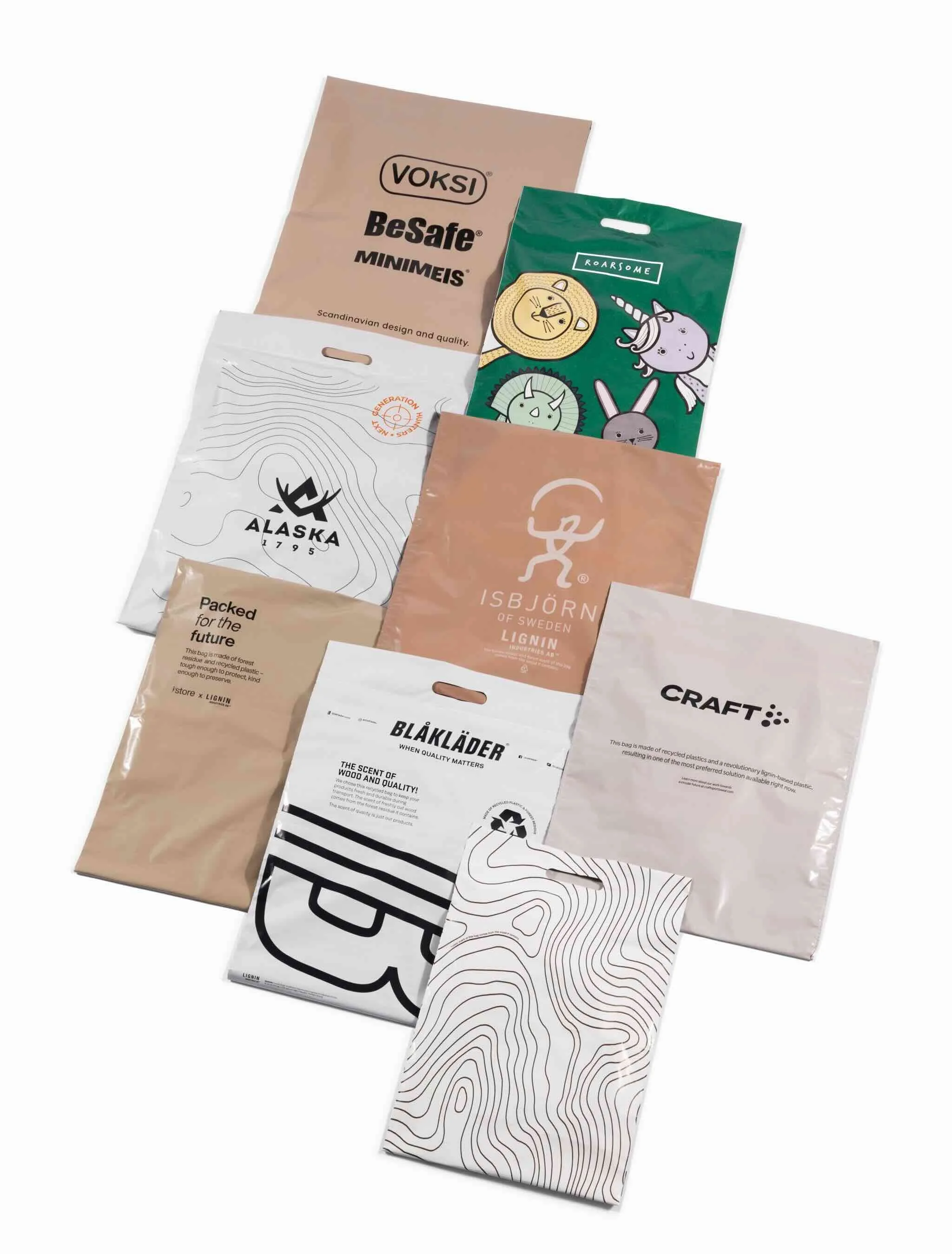 Sustainable e-commerce bags in various sizes and colours, made from polyethylene film containing Renol. For the brands Voksi, Roarsome, Alaska, Isbjörn, Blåkläder, and Craft. Lignin Industries.