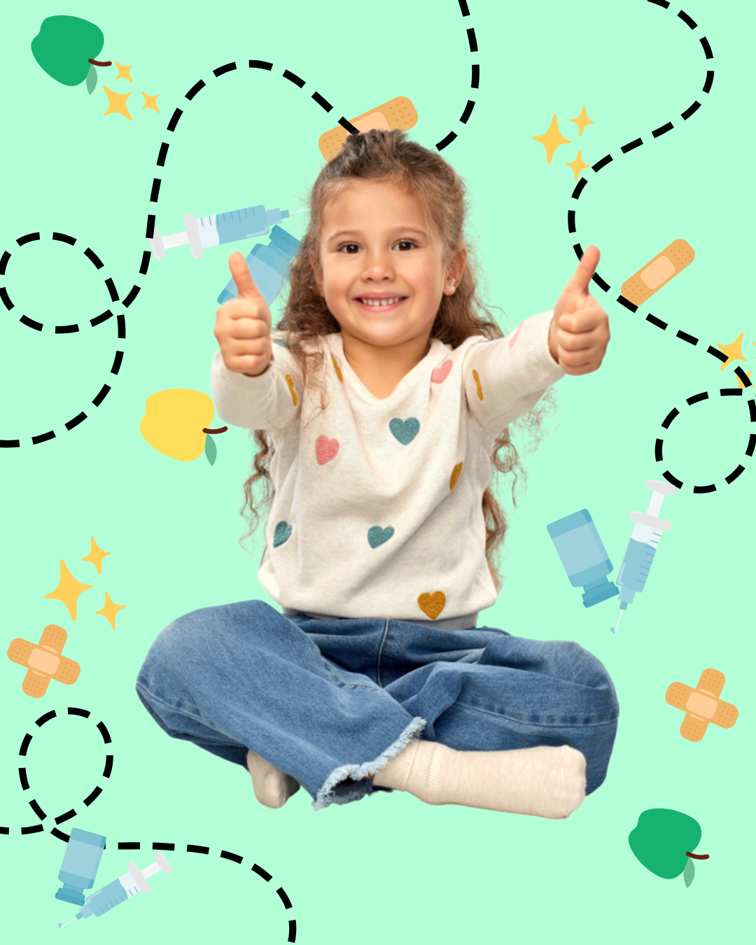 A young girl sitting cross-legged, smiling, giving two thumbs up, surrounded by medical-themed illustrations such as syringes, bandages, and band-aids on a light green background.