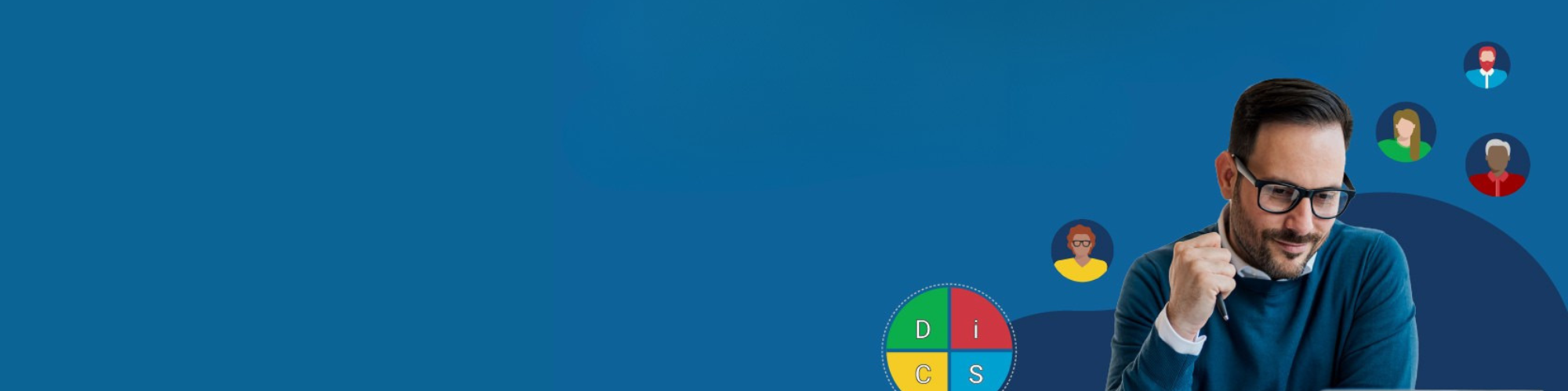 A man with glasses and a beard wearing a blue sweater, sitting and smiling in front of a blue background with colorful icons of people and a circular diagram with colored segments labeled D, C, S, and i.