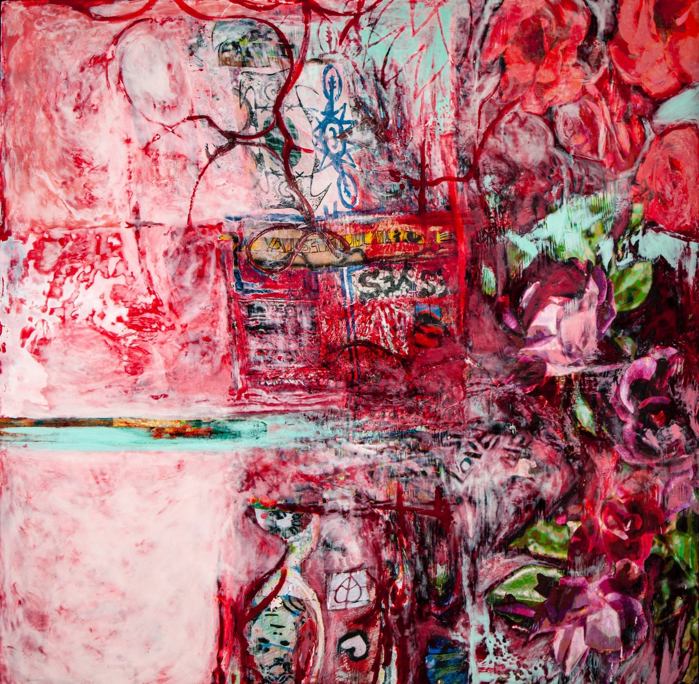 The Dance By Suzanne Merritt$13,500.0060” X 60”Mixed-media - encaustic, paper, oil, silkscreen photo images, love letters, &amp; inkCradled Birch Panel