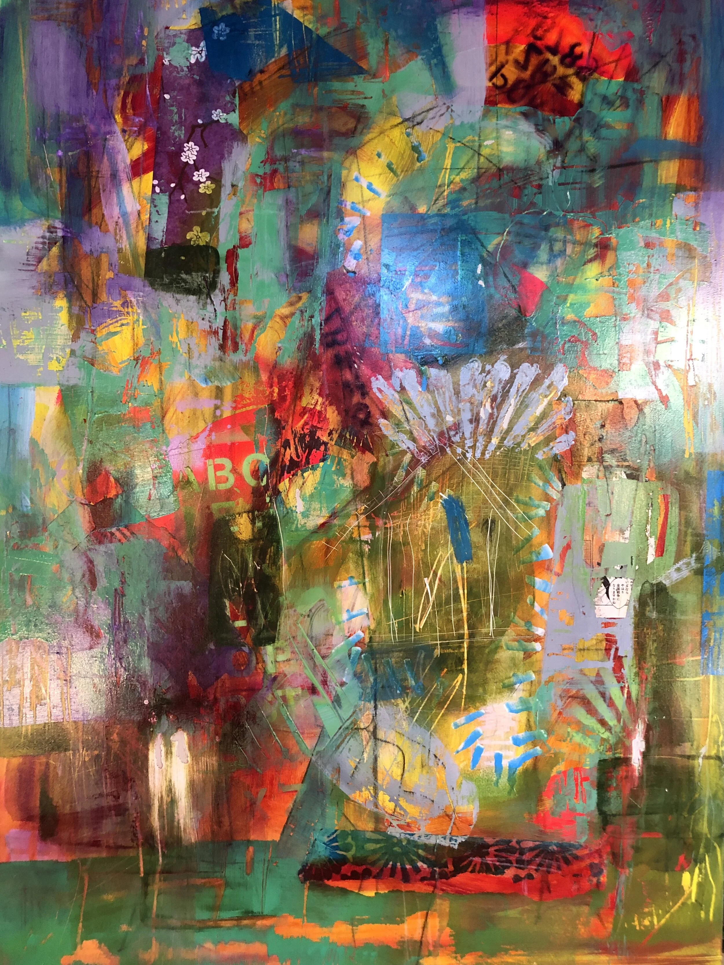 Frenetique by John McCarthy 36”x24” Cradleboard/Gessoboard  Acrylic, Spraypaint, Collage, Mixed Media $1500