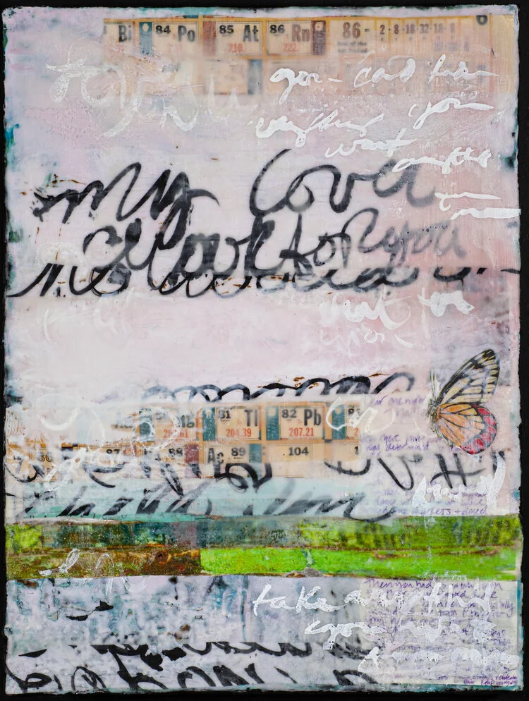 Chemistry (Triptych) by Suzanne MerrittMixed-Media - encaustic, paper, silkscreen photo images, love letters, silver leaf, oil and inkCradled Birch Panel$4500