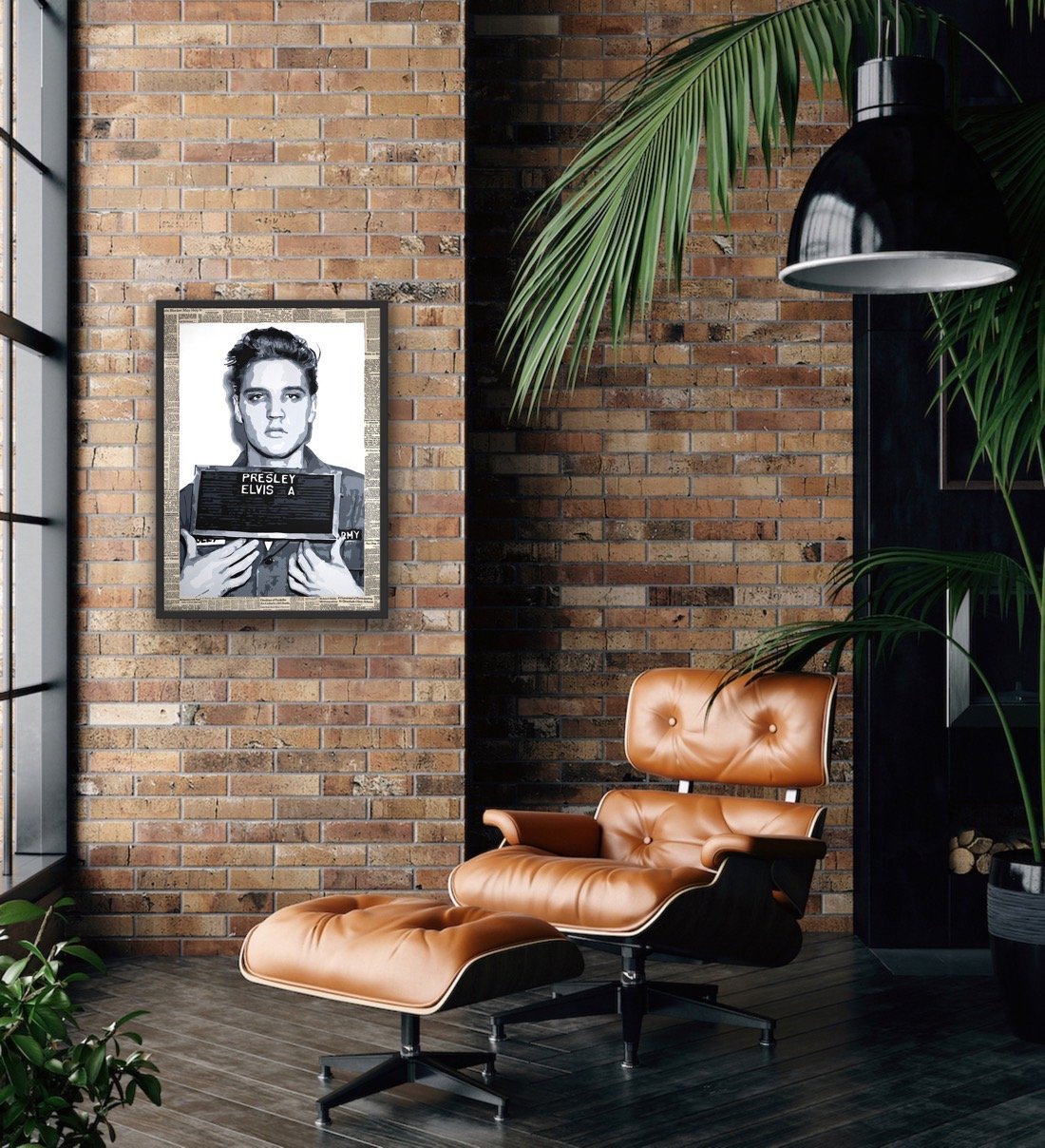 painting of Elvis Presley mug shot hanging on wall