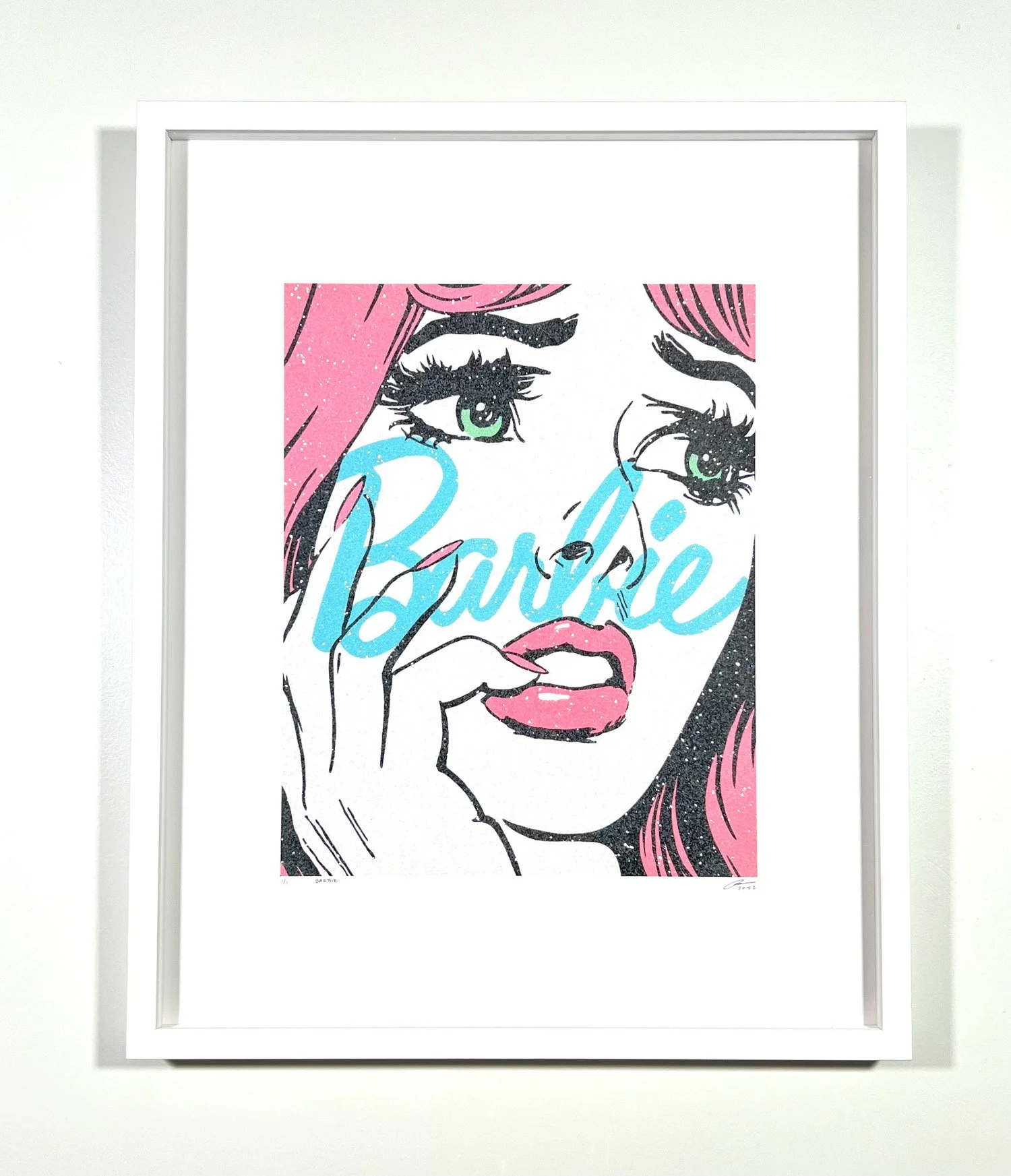 pink haired Barbie face looking worried with "Barbie" scripted over it