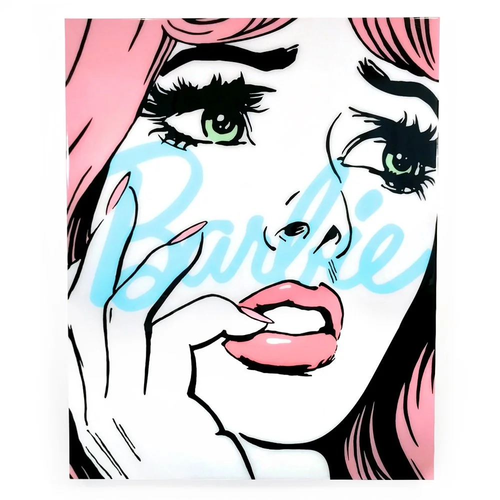 Barbie with pink hair looking worried with Barbie inscription written over it