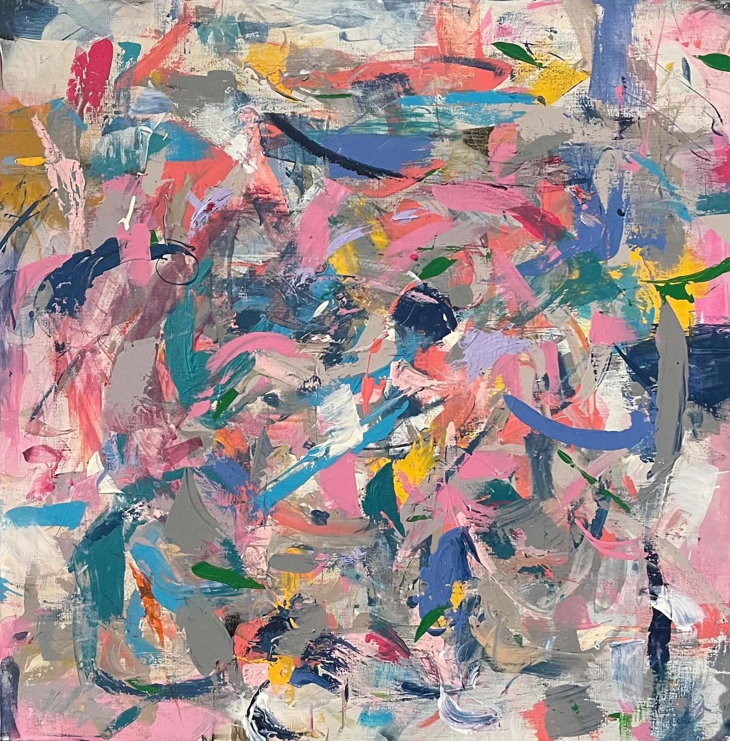 abstract painting with variety of pink, blue and yellow strokes