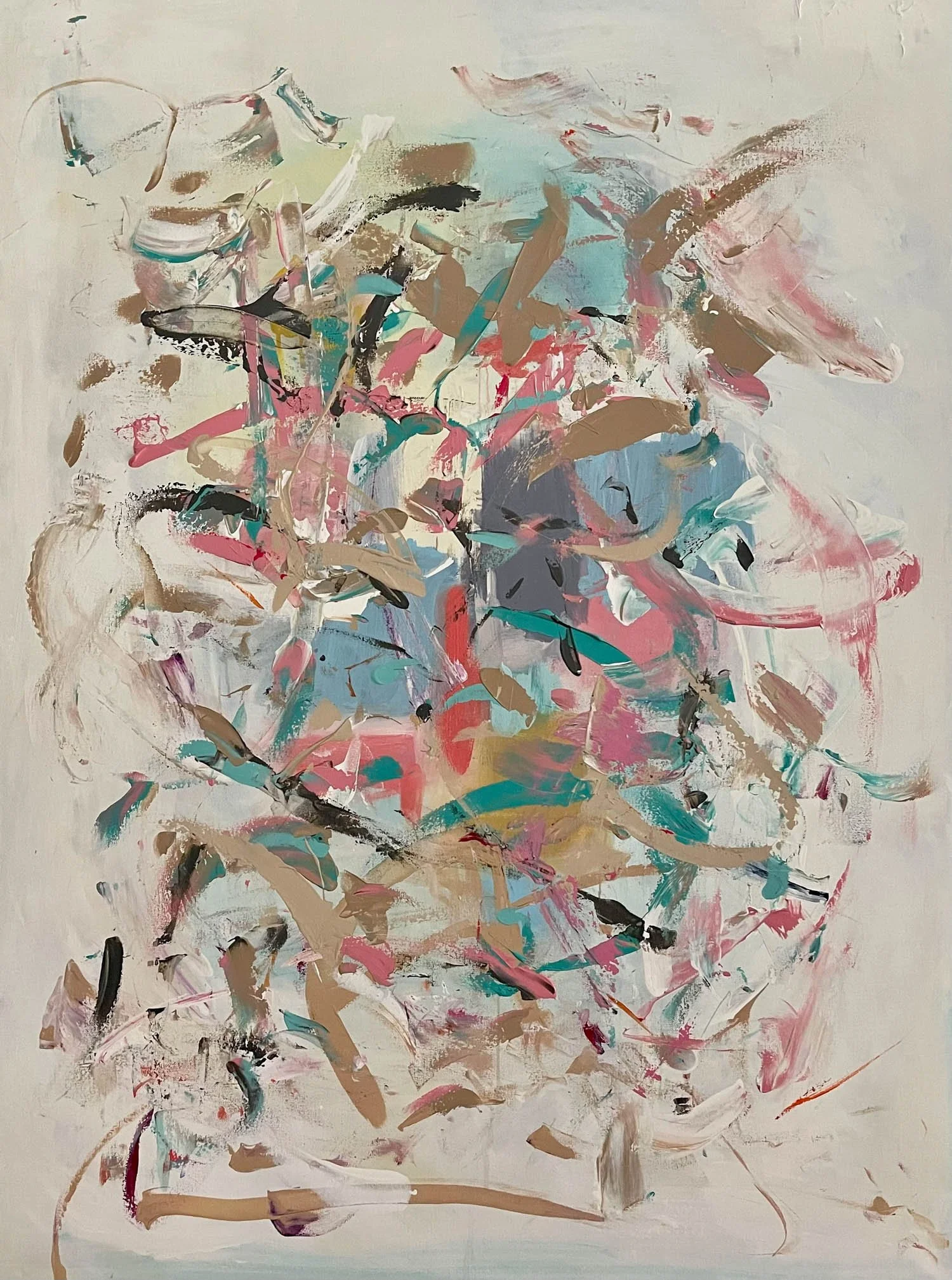 abstract painting with white background and pink, blue and teal paint strokes