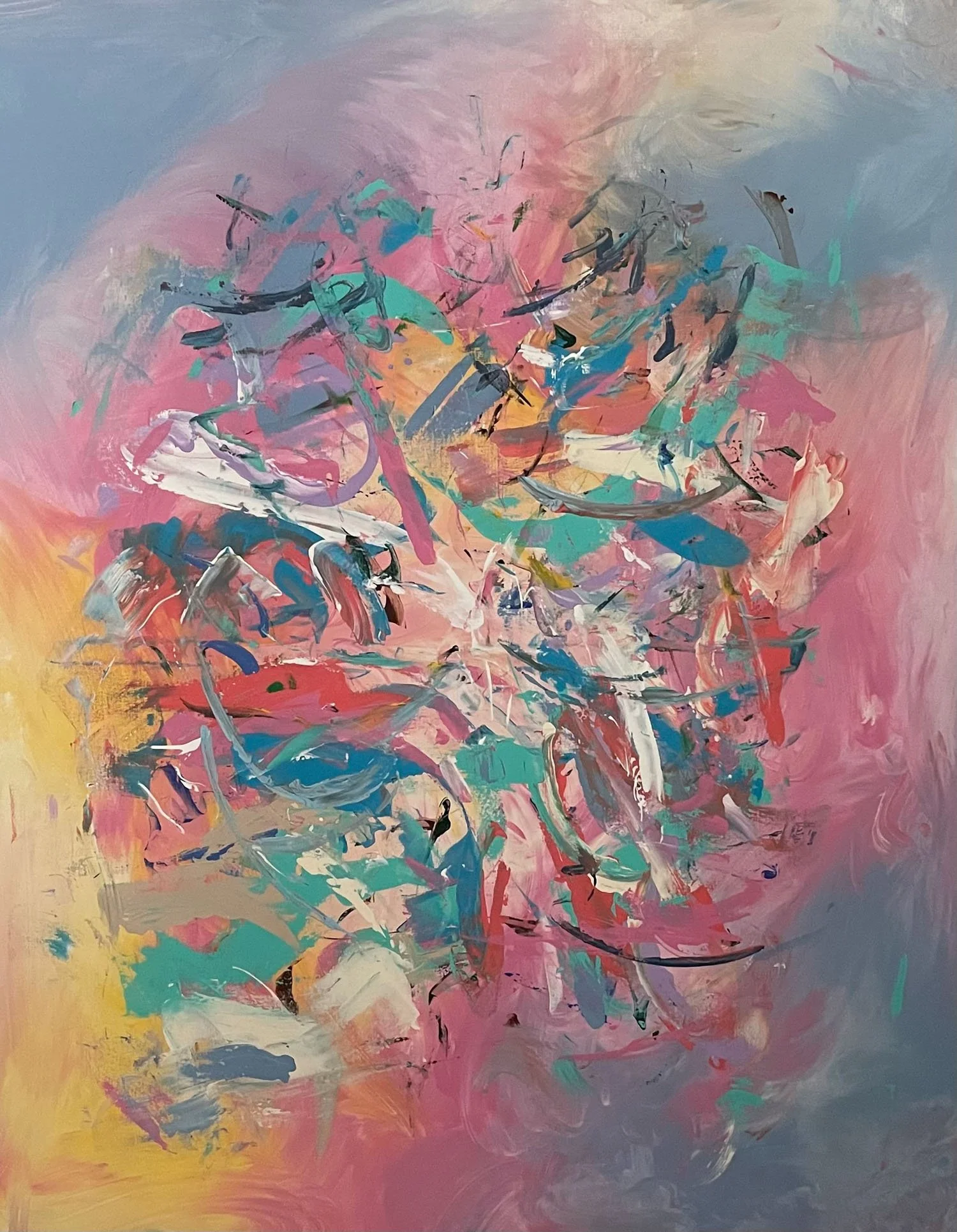 abstract painting with multi colored background and variety of paint strokes