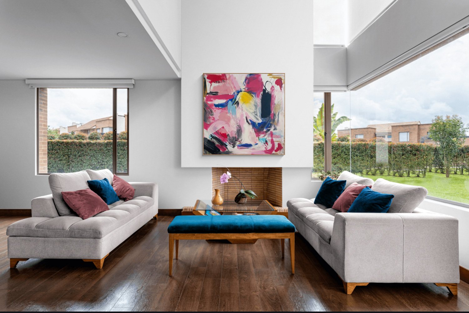 abstract image hanging on wall in living room setting