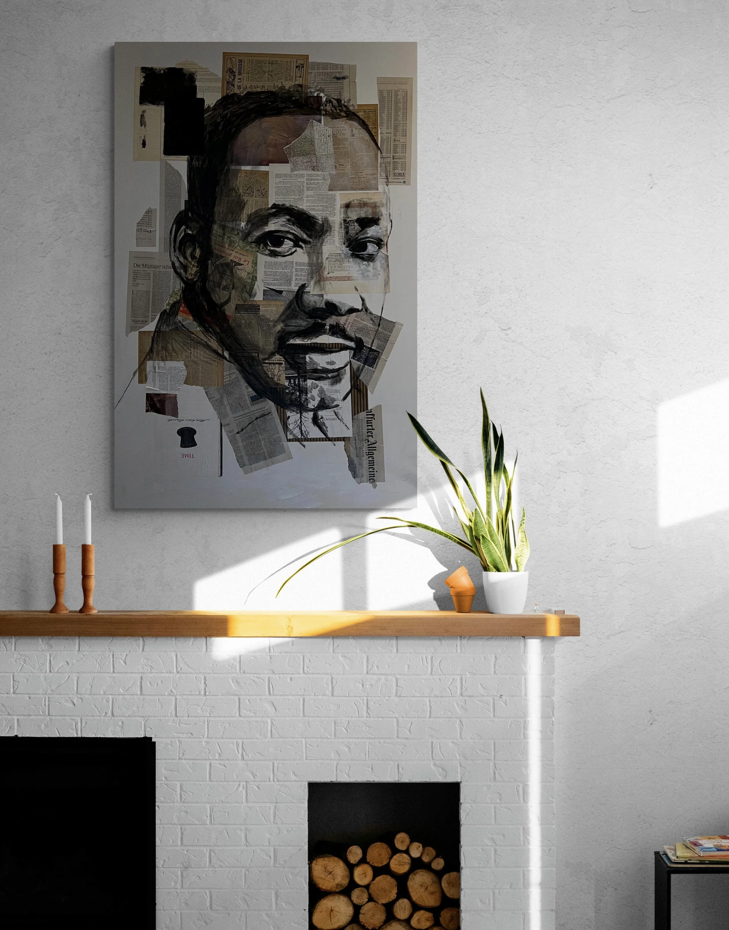 black and white painting hanging on wall