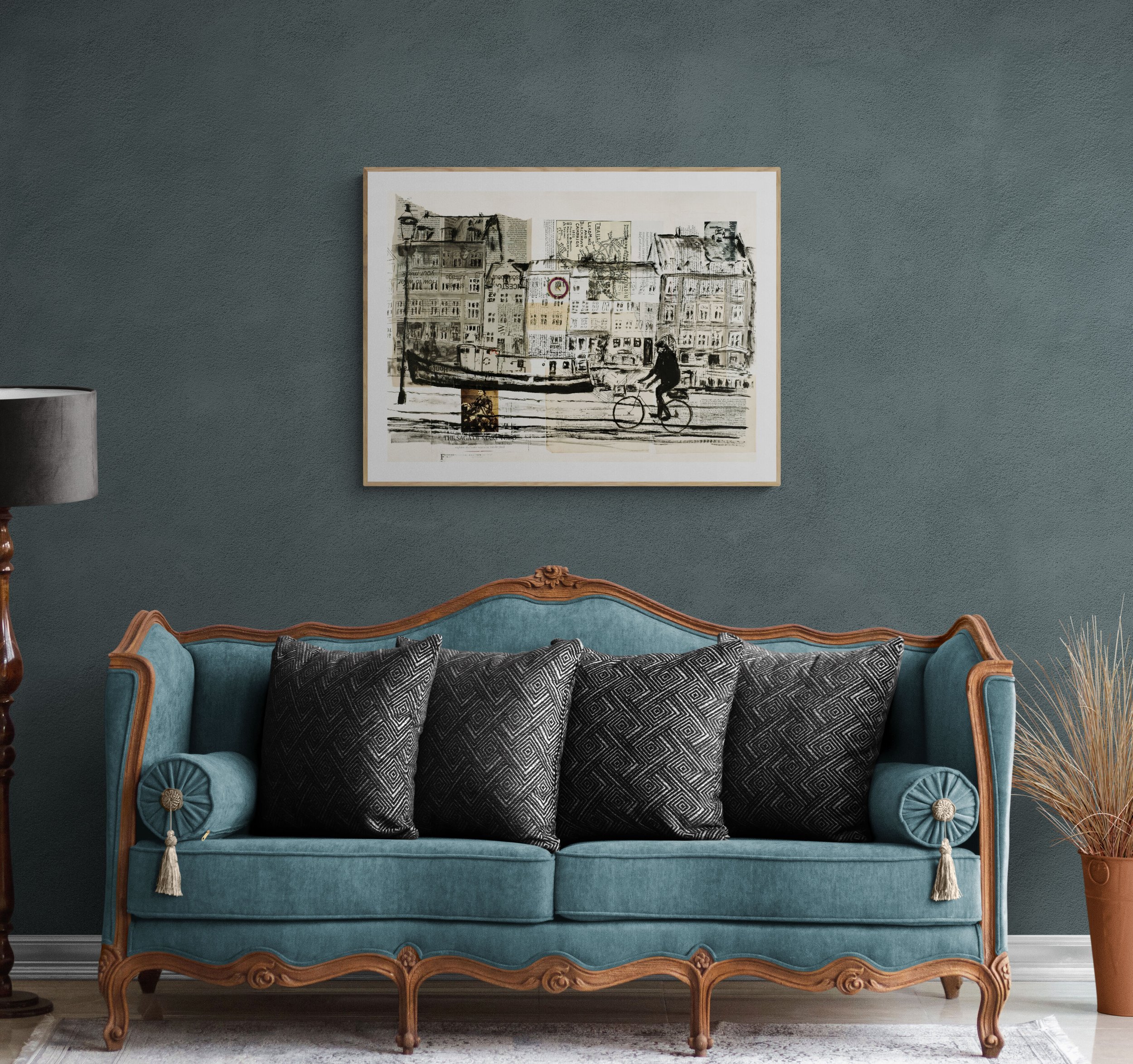 black and white painting of buildings with man riding bike in front of him