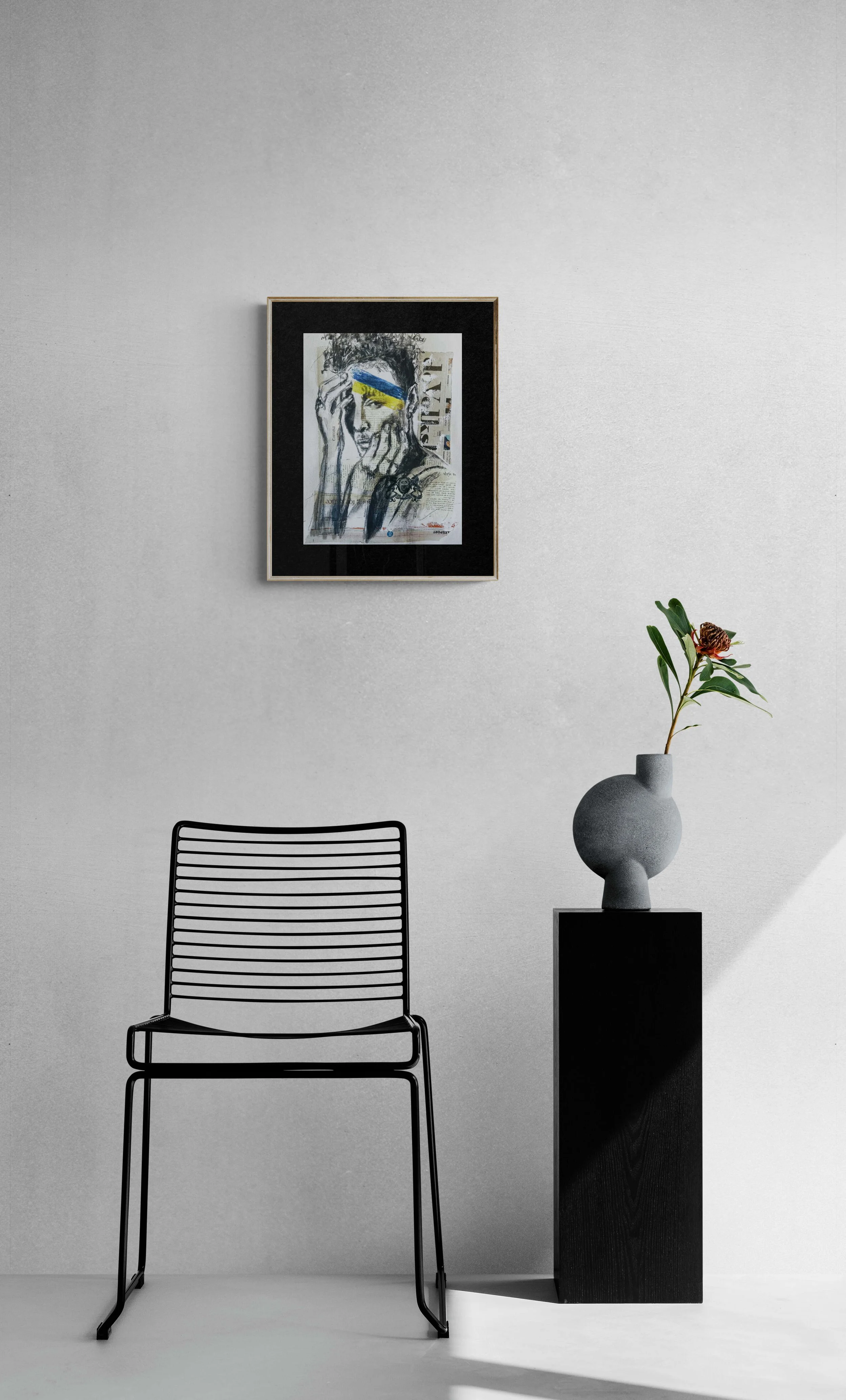 painting of face with hands resting on it