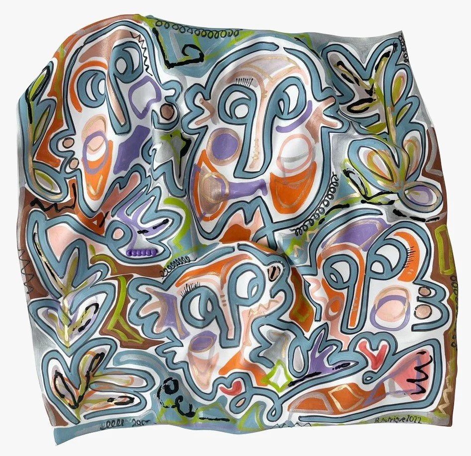 Abstract gray-blue lines, some looking like faces, on colorful background of brown, orange, green and more.
