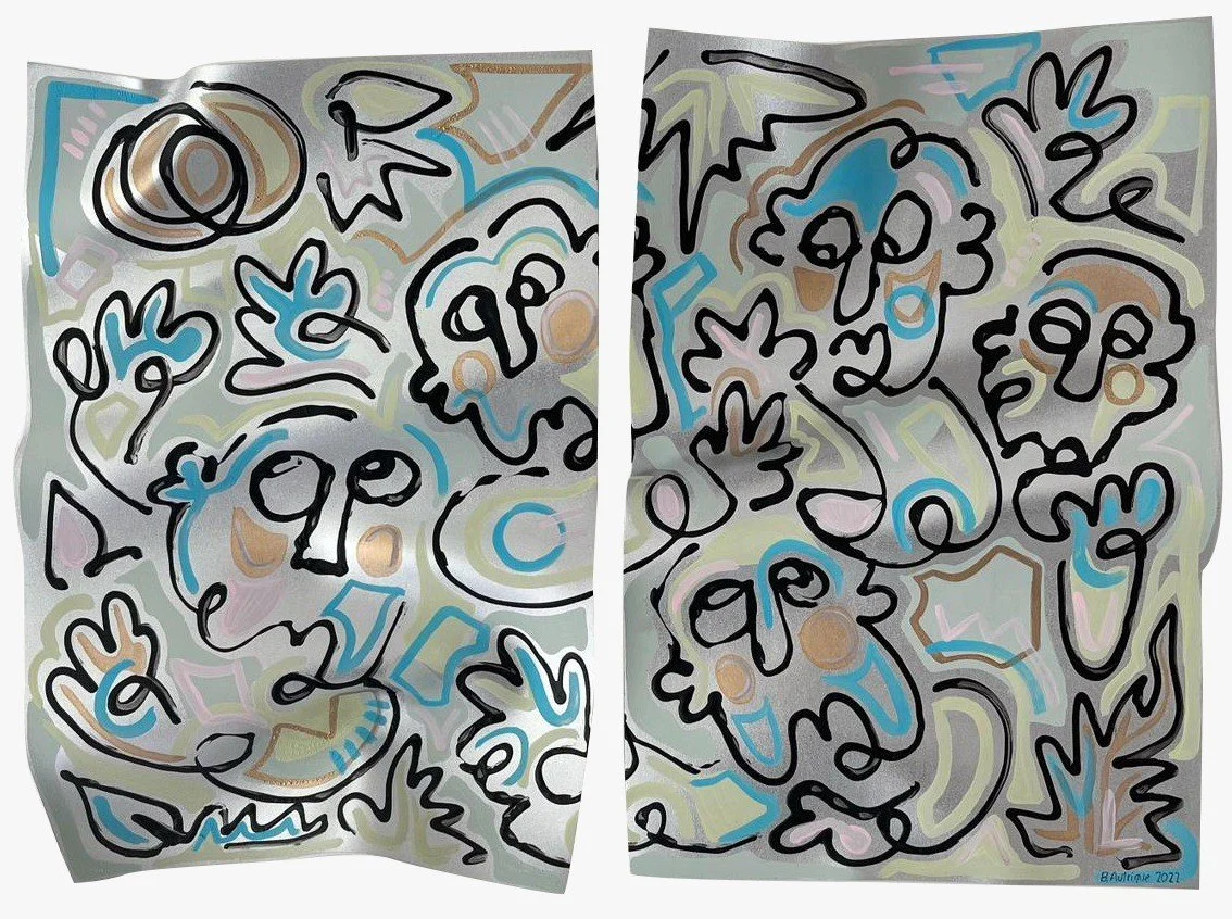 Abstract lines, some resembling faces, with shades of columbia blue, brown and black