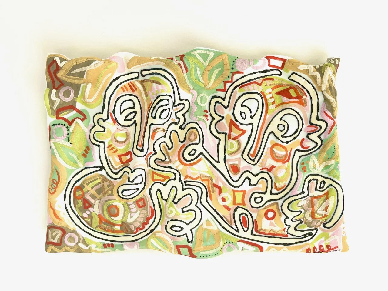 abstract faces with a variety of colors, including orange, red and green
