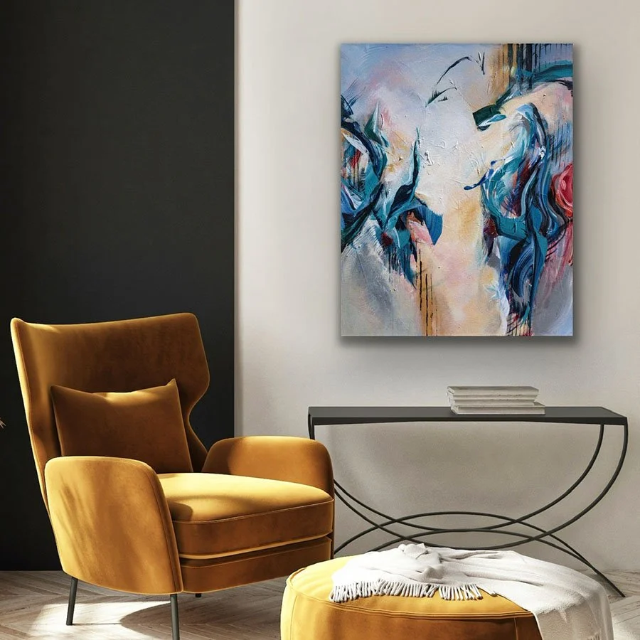 Cloud Dancer abstract painting hanging on wall