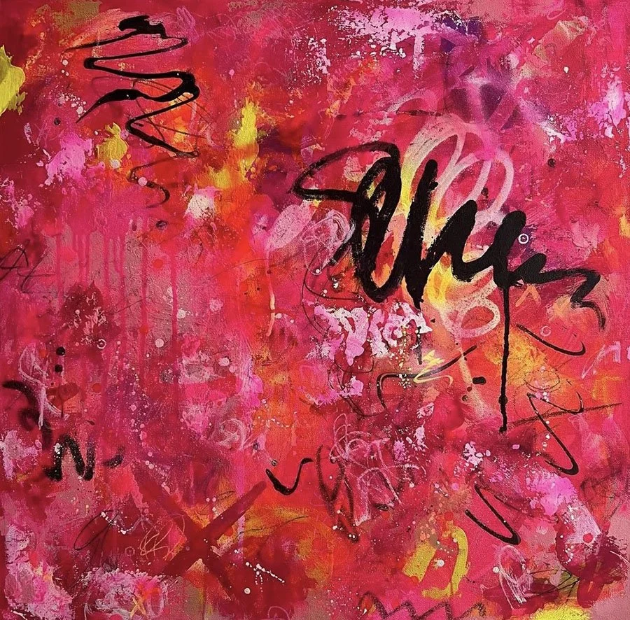 Abstract art filled with pinks and reds and other colors