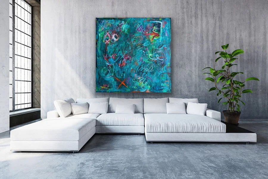 Dancing with Shadows painting hanging above white sofa