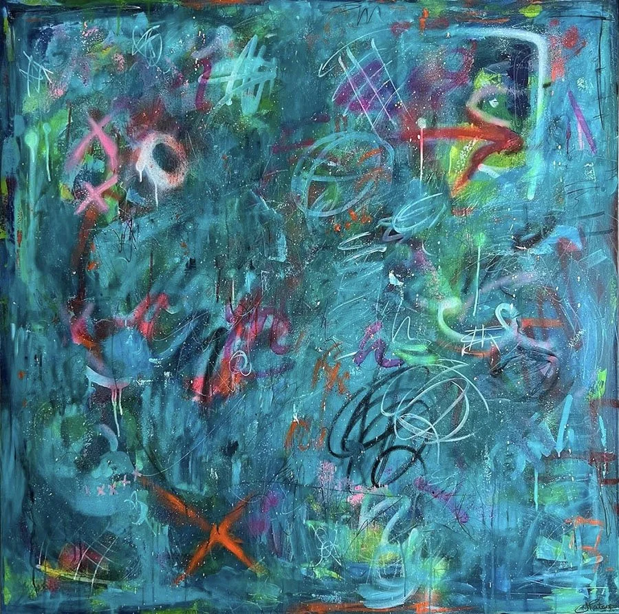 Abstract painting with darker colors such as a variety of blues