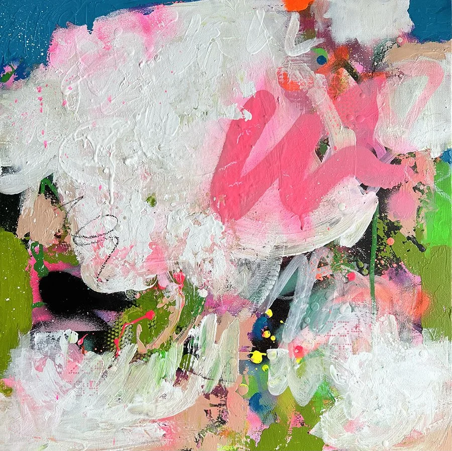 Abstract canvas painting with pinks and greens
