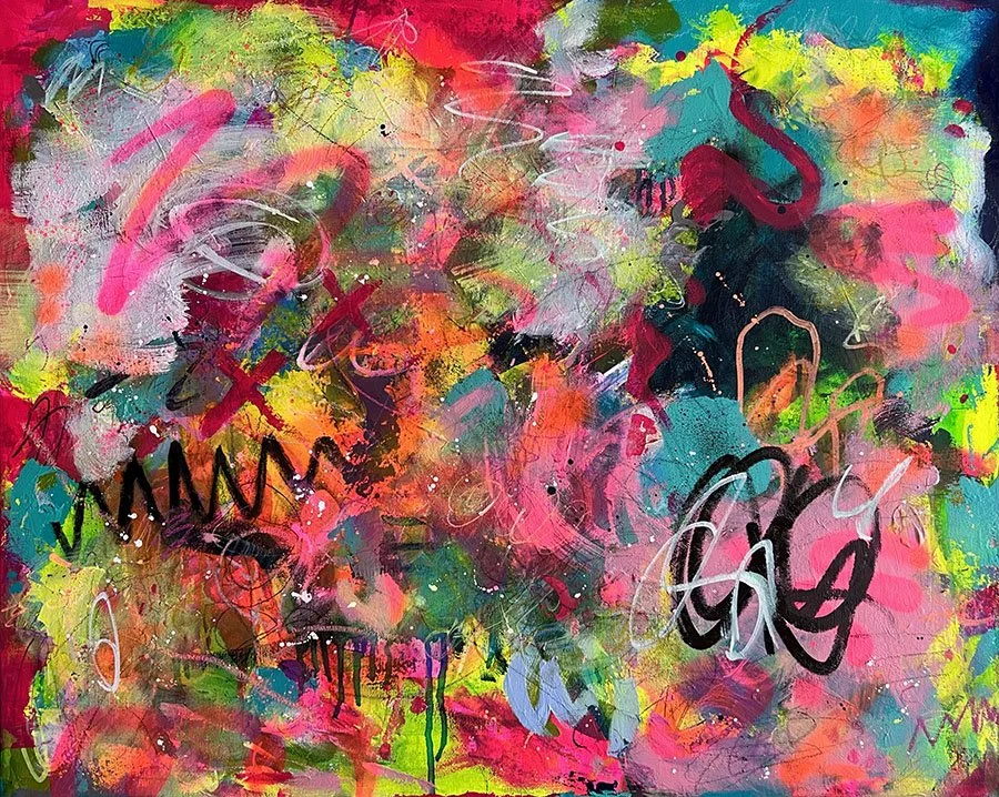 Abstract canvas painting with numerous vibrant colors