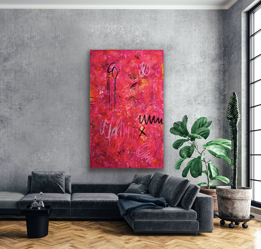 Abstract Perseverance painting hanging on wall above sectional