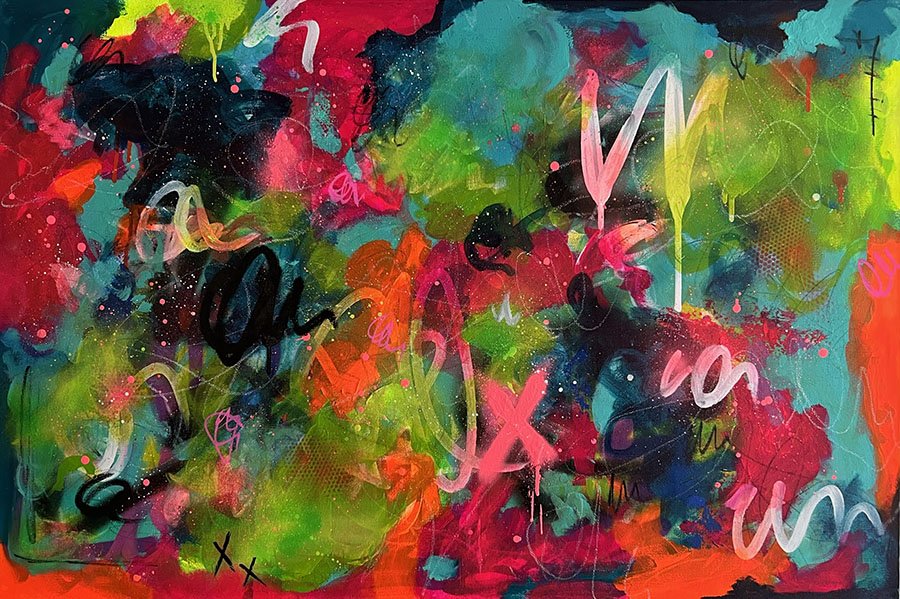 abstract painting with a variety of vibrant colors taking up the canvas' entirely