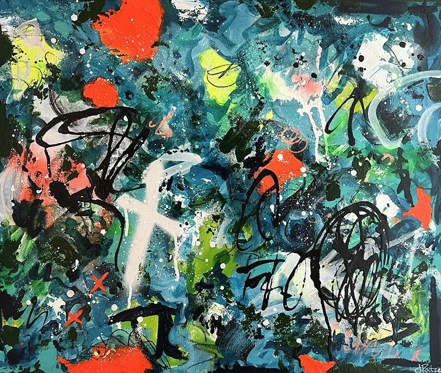 Abstract painting with greens, reds, blues and more