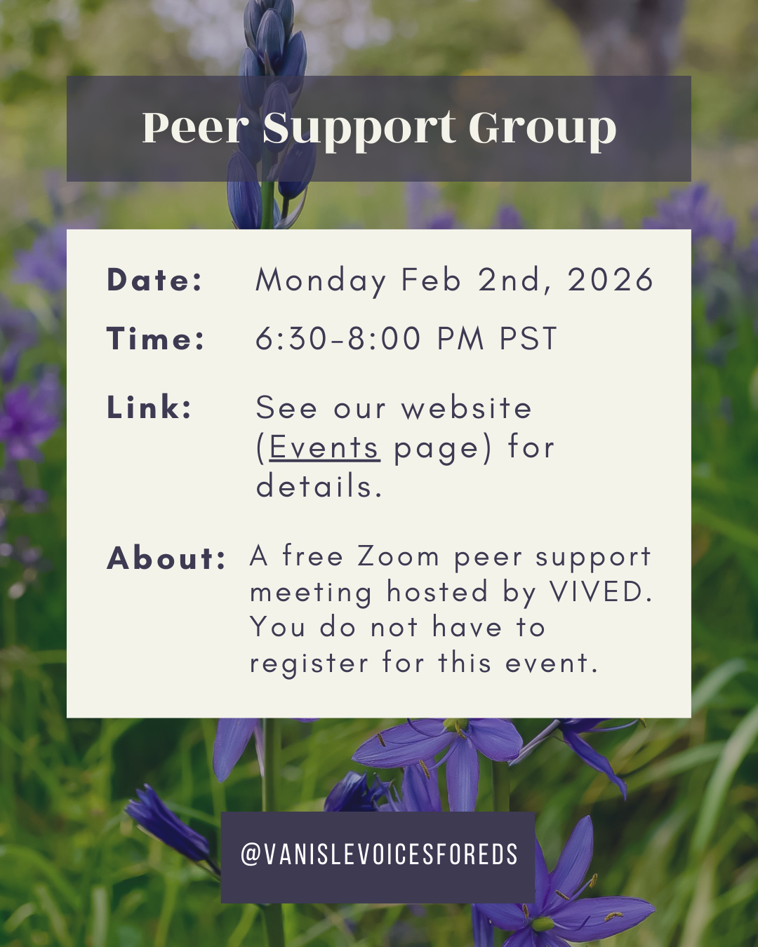 event poster, title has white serif font text and purple semi-transparent background, main text is cream colour with dark purple text, background photo of grass and purple cammas flowers. VIVED IG account at bottom