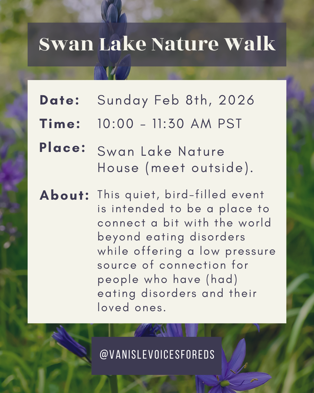 event poster, title has white serif font text and purple semi-transparent background, main text is cream colour with dark purple text, background photo of grass and purple cammas flowers. VIVED IG account at bottom