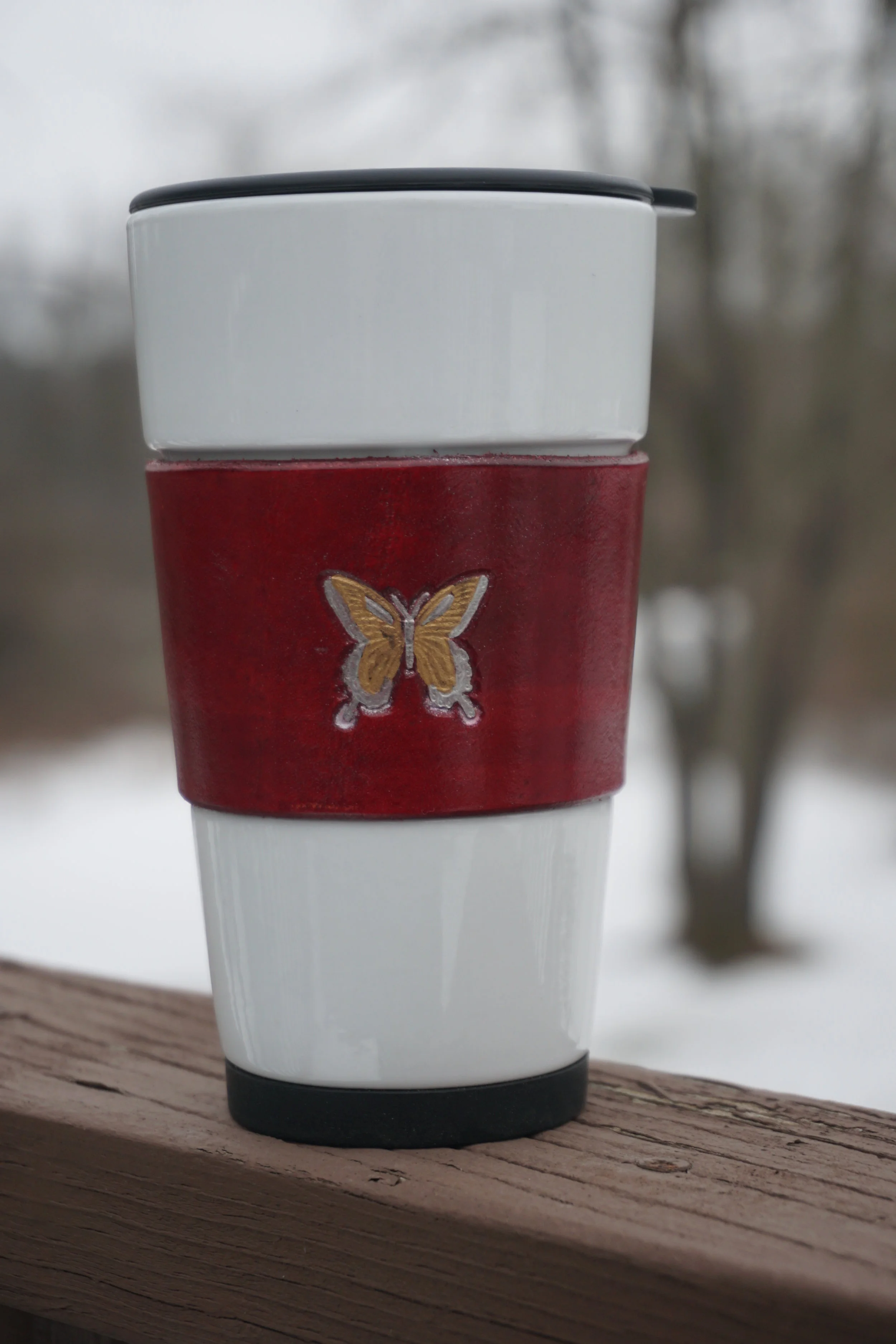 Leather Wrapped Ceramic Coffe/Tea ToGo Mug (Butterfly Stamp)