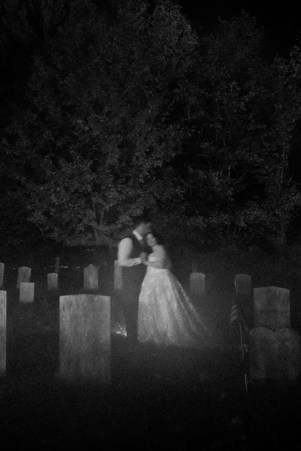 Meagan and Joshua black and white cemetery portrait at The Watson Homestead Hiram Maine fall wedding photography VMG Productions