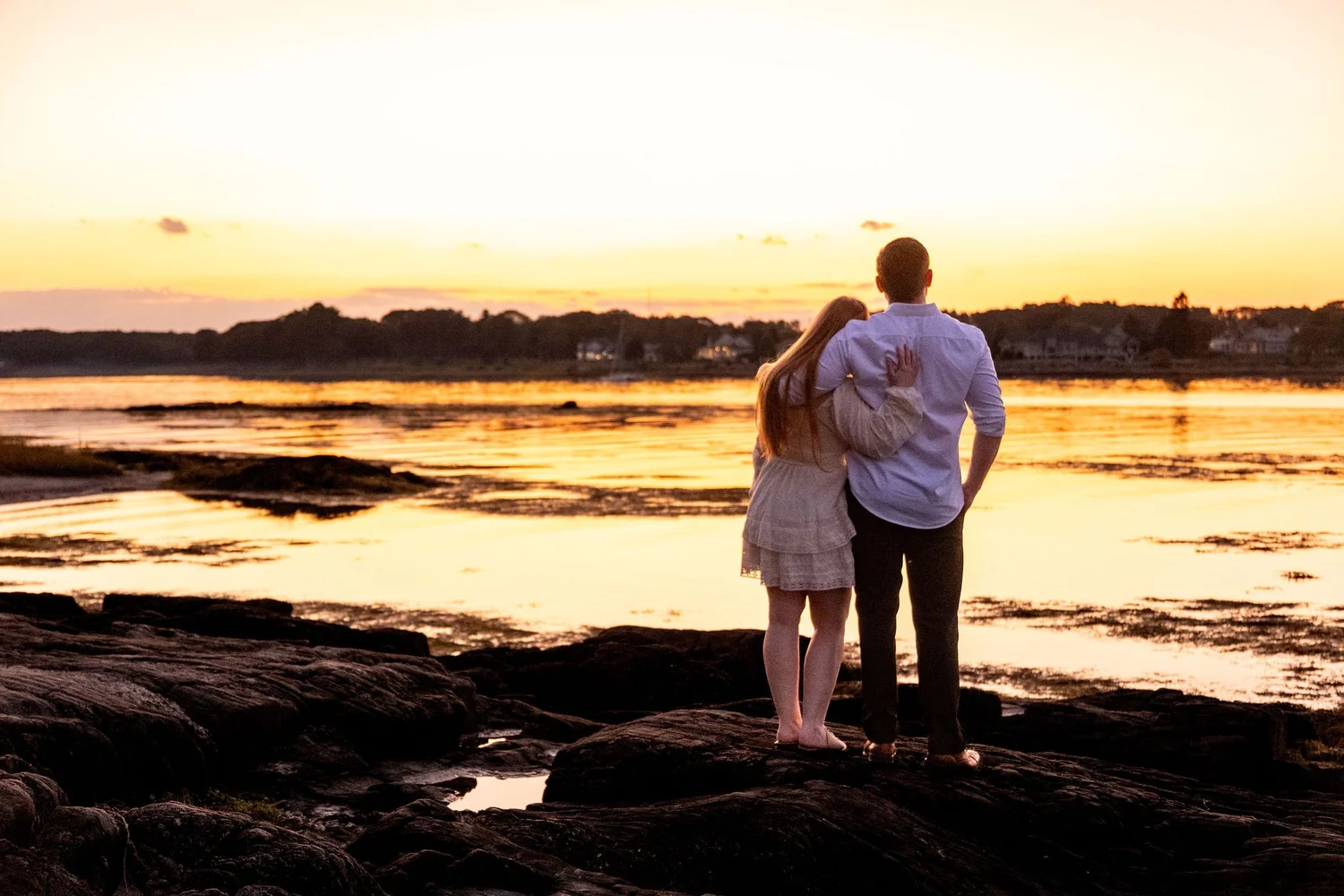 Kayla and Ethan engaged couple silhouette night sky moon Odiorne Point State Park Rye New Hampshire engagement photography VMG Productions