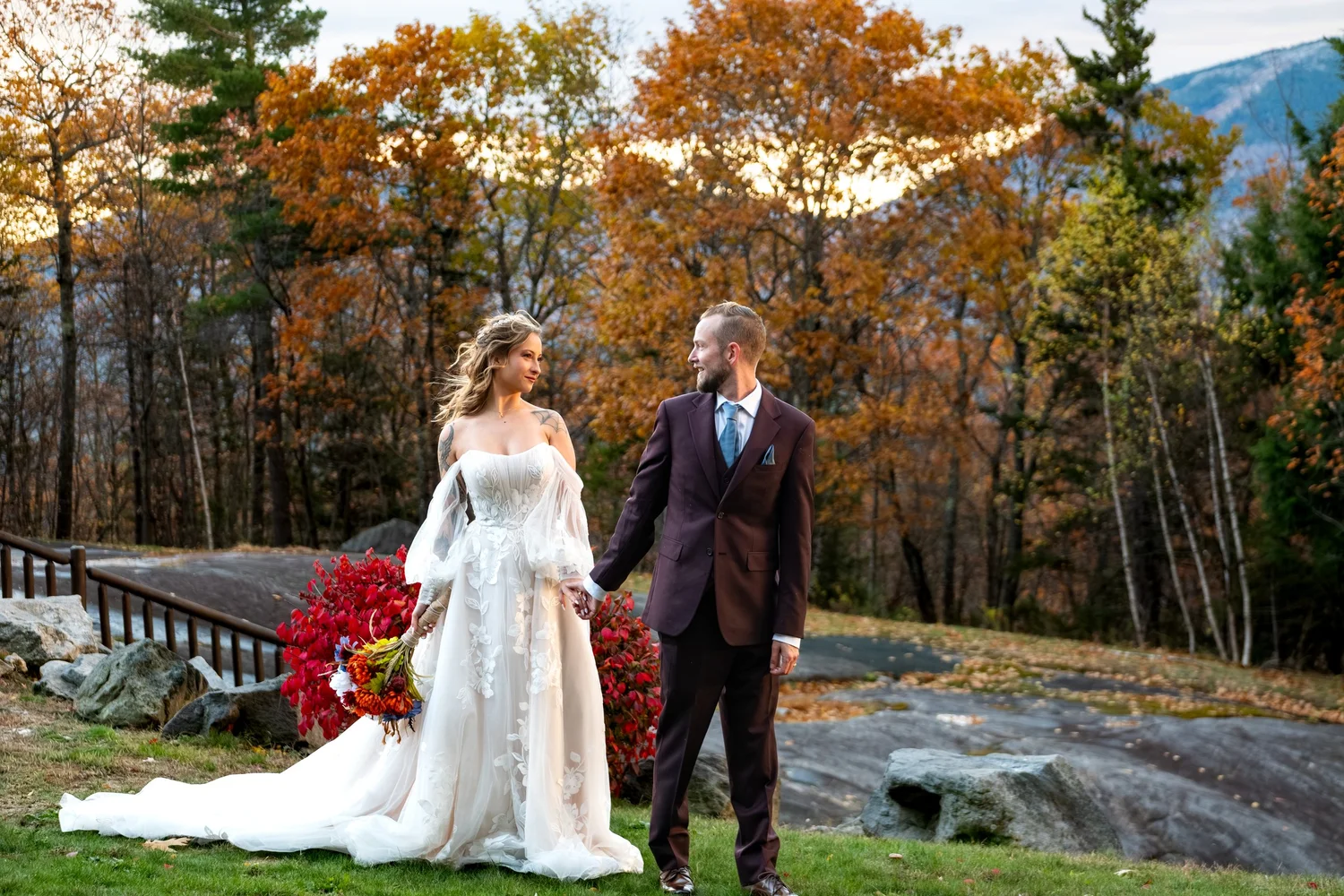 Sarah and Steve portrait looking at each other fall foliage SkiEsta Newry Maine fall wedding VMG Productions